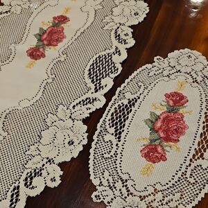 Elegant Vintage Lace Table Runner And Matching Doily with Floral Design
